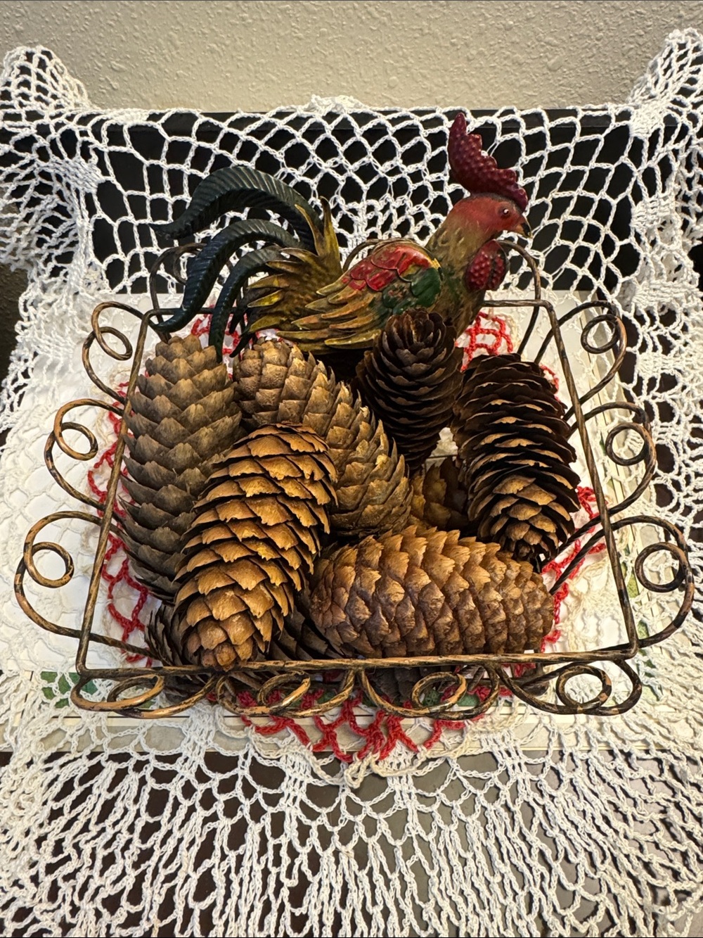 Decorative Pine Cones -Metal Basket with Rooster Accent -